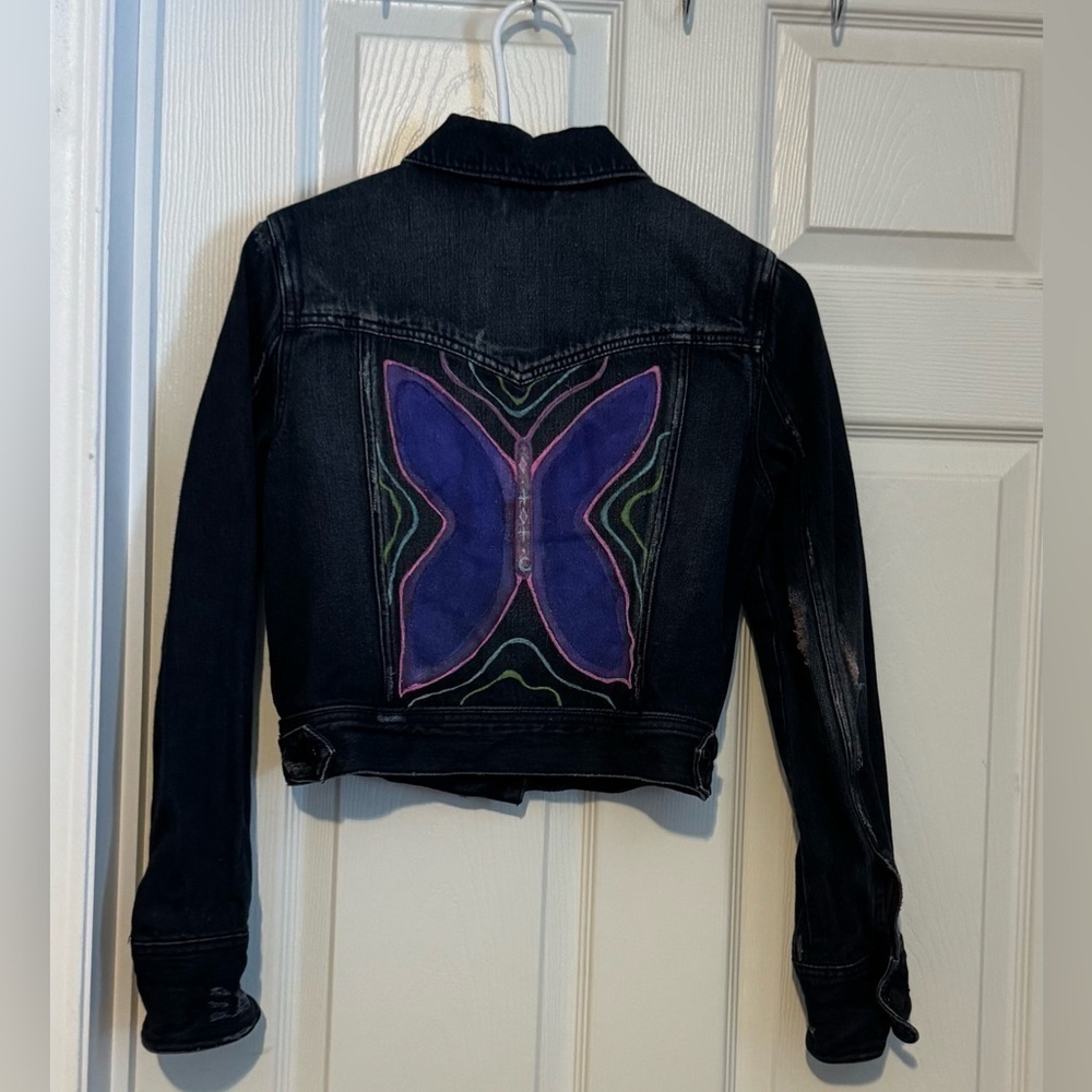 Twenty One Cropped Dark Blue Denim Jacket Butterfly Distressed Custom Graffiti